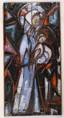 a painting on the wall of a room with a vase of flowers