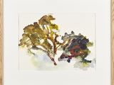 aquarelle encadrée représentant un arbre feuillu et une plante à feuilles