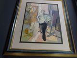painting of a man in a white shirt and black pants sitting in a chair