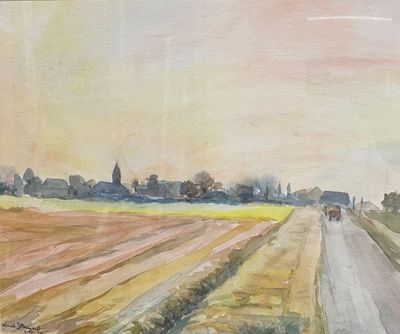 a watercolor painting of a country road with a farm in the distance