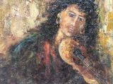 an oil painting of a woman sitting on a chair with her hand on her chin