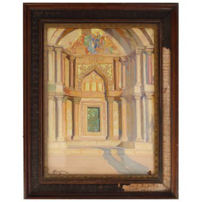 une peinture à l'huile représentant l'entrée d'un immeuble avec une porte verte