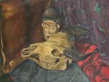un tableau représentant une femme allongée sur un canapé avec un crâne de vache