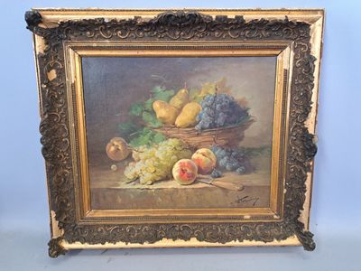 painting of a basket of fruit with grapes, peaches, and plums