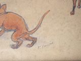 a drawing of a dog chasing a cat on a leash