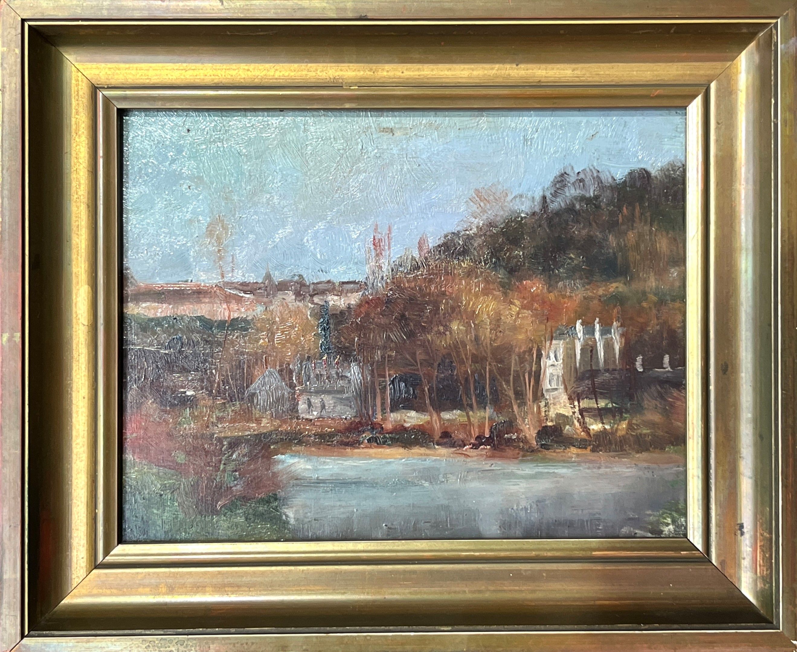 Ecole française du début du XXe siècle. Paysage à la rivière. Huile sur panneau. 19 x 24 cm. Cadre en bois mouluré et...