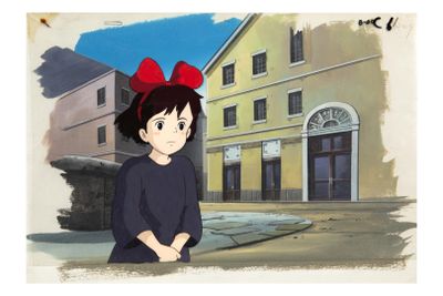 anime scene of a girl with a red bow standing in front of a building