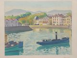 a painting of two boats in the water near a town