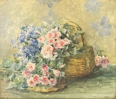 a painting of a basket of flowers on a table