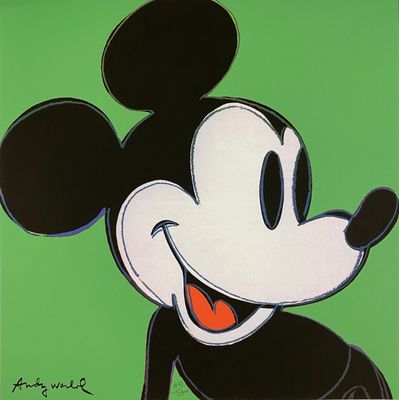peinture représentant Mickey Mouse avec une expression loufoque sur fond vert