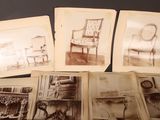 several old photographs of antique furniture are displayed on a table