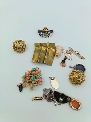 un assortiment de bijoux, notamment des broches et des boucles d'oreilles