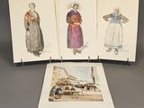 three drawings of women in traditional clothing are displayed on a table