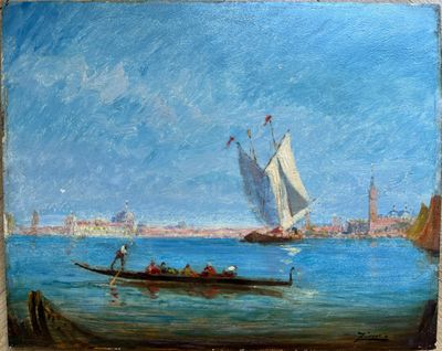 painting of a boat in a body of water with a city in the background