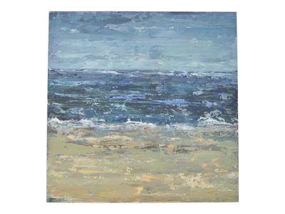 an oil painting of a beach scene with waves crashing on the sand