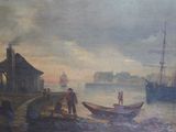 a painting of a man standing on a dock next to a boat