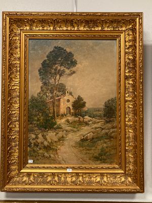 une image d'une peinture représentant une maison dans un champ