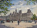 un tableau représentant des personnes marchant devant un grand bâtiment
