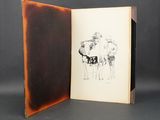 an open book with a drawing of a man and a woman on a horse