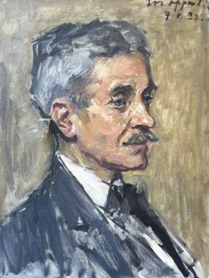 une peinture à l'huile représentant un homme en costume-cravate