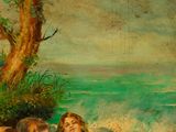 a painting of a woman and two children on the beach