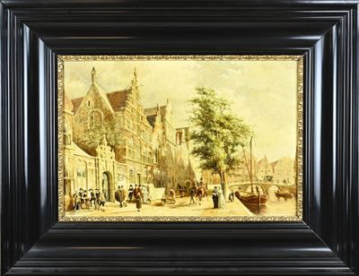 une peinture à l'huile représentant une scène de rue avec une calèche au premier plan