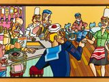 painting of a group of people in a restaurant with pizzas