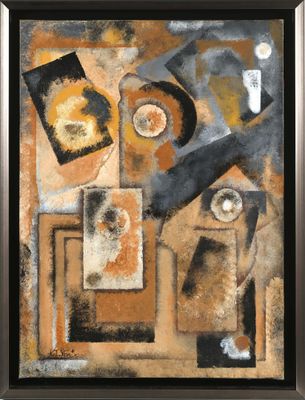 an abstract painting of a table with plates and cups on it
