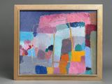 an oil painting of a colorful cityscape in a wooden frame