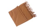 a brown scarf with fringes on it on a white surface