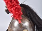 a helmet with a red feather on top of it