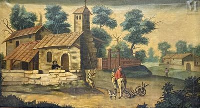 tableau représentant une scène de village avec un homme à cheval et un autre sur une charrette