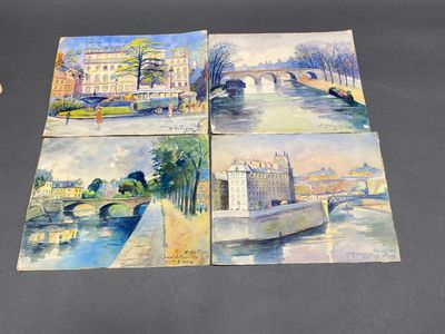 M METZGER (Xxème siècle) Vues de Paris Ensemble de quatre aq…