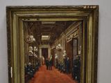 an oil painting of a room with a red carpet and a painting of a man in a suit