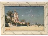 an image of a painting of a beach scene with a church in the background