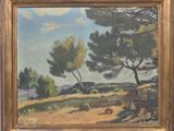 an image of a painting of a landscape with trees in the foreground