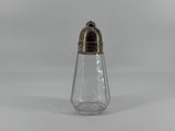 a silver and glass salt shaker with a gold top