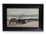 tableau représentant des chevaux tirant une charrette sur la plage, avec un homme à l'arrière-plan