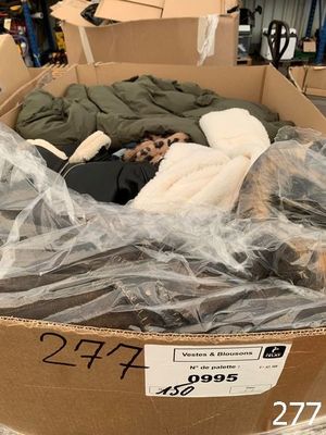 a cardboard box that has a bunch of clothes inside of it
