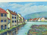 a painting of a painting of a town by the water