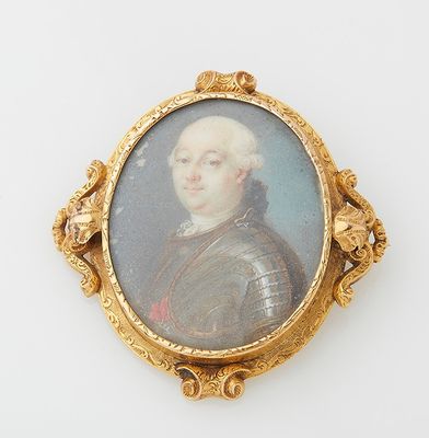 portrait of a gentleman in a gold frame with a red rose in his left hand