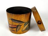a wooden bucket with a lid that has a painting on it