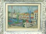 an oil painting of a harbor scene with boats in the water