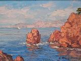 an oil painting of a rocky coast with a sailboat in the distance