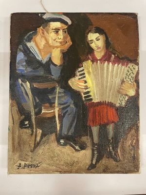 une peinture à l'huile représentant un homme et une femme jouant de l'accordéon
