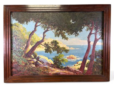 tableau représentant une vue sur l'océan et des arbres, dans un cadre en bois