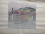 a picture of a painting of a town with a fountain