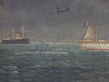 a painting of a ship in the water with a plane flying over it