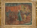 an image of a painting of a man holding a sword in front of a crowd of people