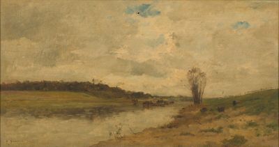 an image of a painting of cows by a river with a sky in the background